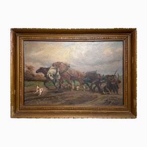 Jef Van Leemputten, Farm Horses at Work, Öl auf Leinwand, Gerahmt