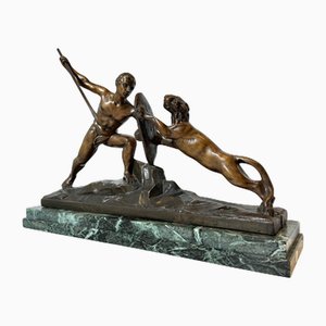 Scultura Grande Uomo in Bronzo Combattente Leone