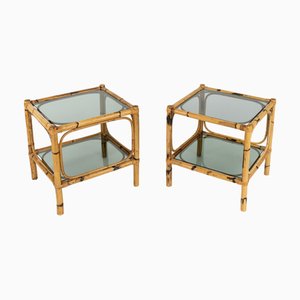 Mid-Century Side Tables in Rattan, Bamboo and Smoked Glass, Italy, 1970s, Set of 2