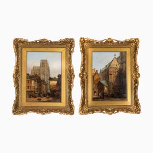 Lewis J Wood, Architectural Views, Antiques Oils, XIX secolo, incorniciato, set di 2