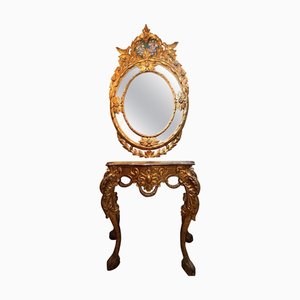 Vergoldeter Barock Konsolentisch mit rotem Marmor & geschnitztem Spiegel mit Wappen, 2er Set