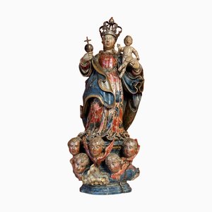 Baroque Virgin and Child in Polychrome Wood with Silver Crown, Spain, 17th Century