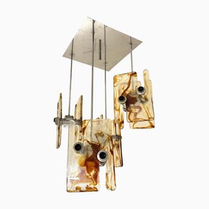 Modernist Murano Glass and Steel 16-Light Chandelier by Angelo Brotto, 1970s