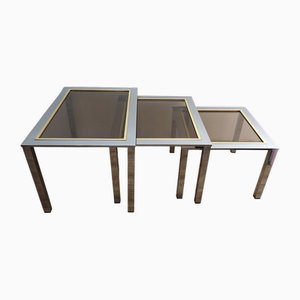 Tables Gigognes Vintage en Chrome Plaqué et en Laiton, Italie, 1970s, Set de 3