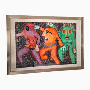 Enrico Baj, La Parata, 1970er, Mixed Media Malerei auf Lithographie