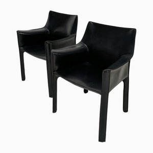 Vintage CAB 413 Dining Armchairs in Leather by Mario Bellini for Cassina, 1980s, Set of 2