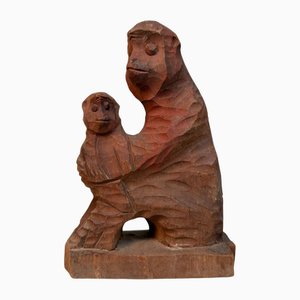 Japanese Saru Mingei Monkey with Young Figure in Wood, 1940s