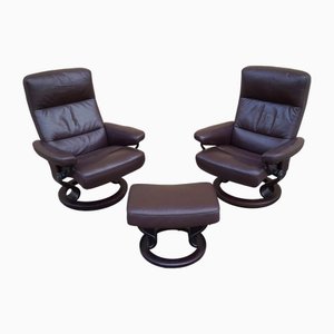 Fauteuils et Ottomane Scandinaves en Cuir par Ekornes, Norway, 1970s, Set de 3