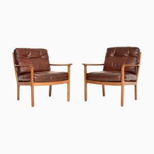 Fauteuils Vintage Scandinaves en Noyer et Cuir de Frederik Kayser, 1960s, Set de 2