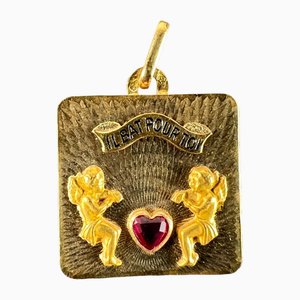 Pendentif Il Bat Pour Toi My Heart Beats for You Love en Or Jaune 18 Carat avec Rubis, France, 1950s