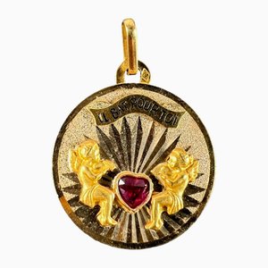 Pendentif Il Bat Pour Toi Love My Heart Beats for You en Or Jaune 18 Carat avec Rubis, France, 1950s