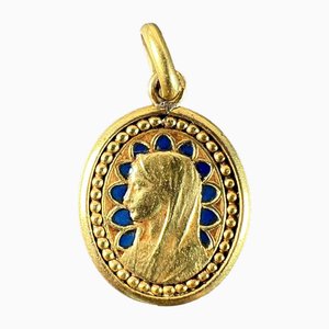 Médaille Pendante Religieuse Vierge Marie Dropsy en Émail Bleu et Or Jaune 18 Carats, 1890s