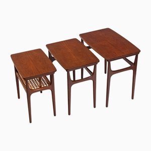 Tables Gigognes Mid-Century en Teck & Rotin de HM Møbler, Danemark, 1950s, Set de 3