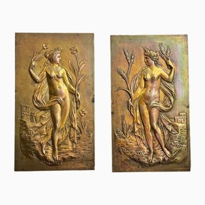 Antique Bronze Bas-Relief Plaques with Spring and Summer Motifs, France, 1880s, Set of 2
