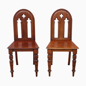 Antique Gothic Mahogany Hall Chairs, 1880, Set of 2
