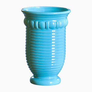 Große antike Art Deco Türkis glasierte Keramikvase von Poël Laval, 1920er