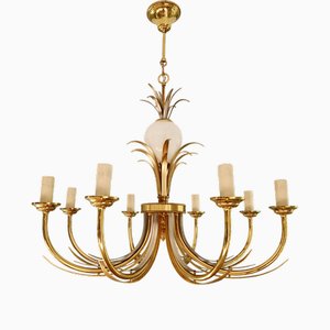 Lustre Hollywood Regency en Laiton avec Motif Feuilles d'Ananas et Egguf d'Autruche de Boulanger, Belgique, 1970s
