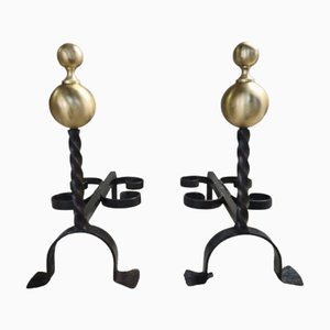 Wrought Iron Andirons with Cast Plain Bronze Ball, 1970s, Set of 2