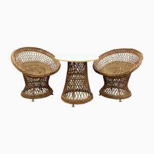 Fauteuils et Table Mid-Century en Rotin, 1960s, Set de 3