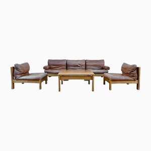 Canapé Modulaire et Chaises en Bois et Cuir avec Table Basse, 1960s, Set de 6