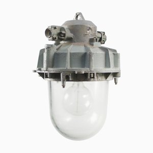 Vintage Industrial Gray Cast Aluminium and Clear Glass Pendant Light