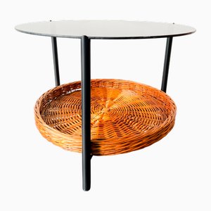 Table Basse Mid-Century en Osier avec Plateau en Verre Fumé par Rohé Noordwolde, Pays-Bas, 1960s