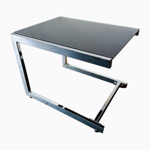 Table d'Appoint Moderniste Mid-Century en Chrome avec Plateau en Verre Noir, 1970s