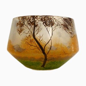 Kleine Jugendstil Glasvase oder Pflanzgefäß mit emailliertem Landschaftsdekor, Frühes 20. Jh.