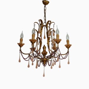 Lustre à 6 Lumières en Métal Doré et Verre Murano, 1950s