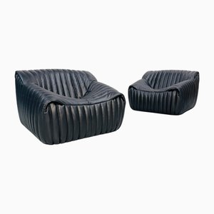 Fauteuils Sandra avec Coussins en Cuir Noir Épais par Annie Hiéronimus pour Ligne Roset, France, Set de 2