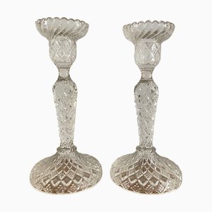 French Art Deco Pressed and Molded Glass Candlesticks, 1920, Set of 2