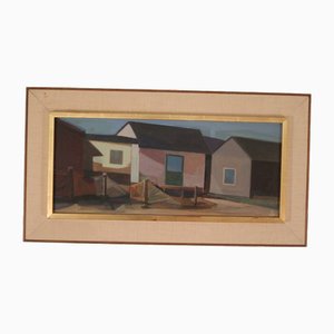 Ragnar Ring, Grötviks Sjöbodar, Söndrum, 1968, Öl auf Holz, gerahmt