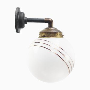 Vintage Cast Iron Wall Light in White Opaline Glass