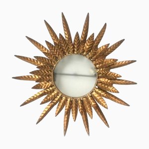 Large Spanish Gilt Gold Sunburst Flush Mount in Round Glass, 1950