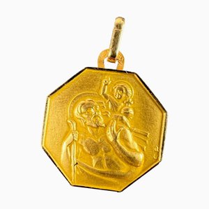 Pendentif Médaille Saint-Christophe Octogonal Vintage en Or Jaune 18 Carats de Perroud, France, 1920s