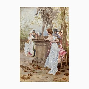 François Flameng, Romantic Encounters in the Park, Oil on Canvas