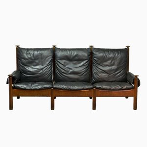 Scandinavian Black Leather Three-Seat Sofa, 1960s
