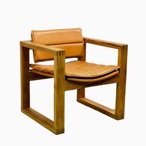 Cubic Pinewood & Leather Armchair by Ate van Apeldoorn for Houtwerk Hattem, 1970s