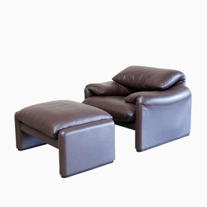 Model Maralunga Leather Lounge Chair by Vico Magistretti for Cassina, Set of 2