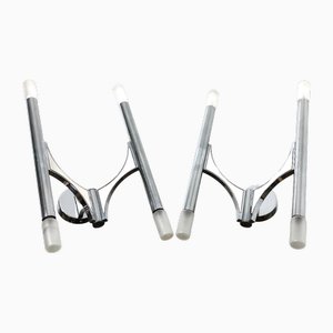 Paire Appliques Aluminium Brossé Chrome Et Opaline Gaetano Sciolari Design 1970