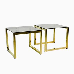 Tables d'Appoint Cubiques Hollywood Regency Mid-Century avec Plateau en Verre Fumé, 1980s, Set de 2