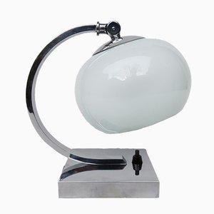 Petite Lampe de Bureau Art Déco Vintage en Plaqué Chrome avec Diffuseur en Verre Blanc