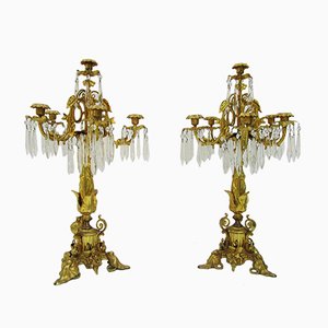 19th Century Gilt Bronze & Crystal Candelabras, Set of 2