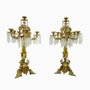 Kerzenständer aus vergoldeter Bronze & Kristallglas, 19. Jh., 2er Set