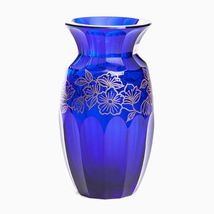 Vaso Mid-Century in vetro blu cobalto con decorazioni galvaniche argentate