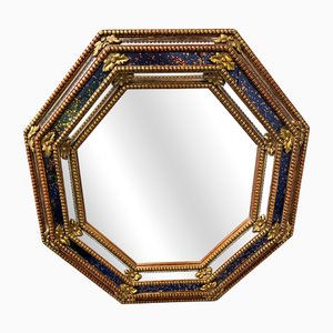 Octagonal Wall Mirror in Cobalt Blue Eglomise Glass and Gilded Wood, 1960s