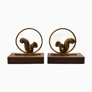 Art Deco French Gilded Bronze and Rosewood Squirrel Bookends, 1930, Set of 2