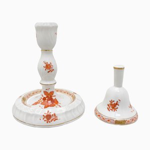 Vintage Apponyi Orange Porcelain Candlestick and Bell Set from Herend, 1970s, Set of 2