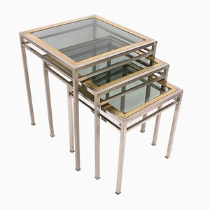 Nesting Coffee Tables in Brass, Metal, & Smoked Glass, 1970s