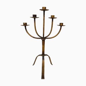 Large Mid-Century Modern Brutalist Five-Arm Gilt Iron Candelabra, 1960s